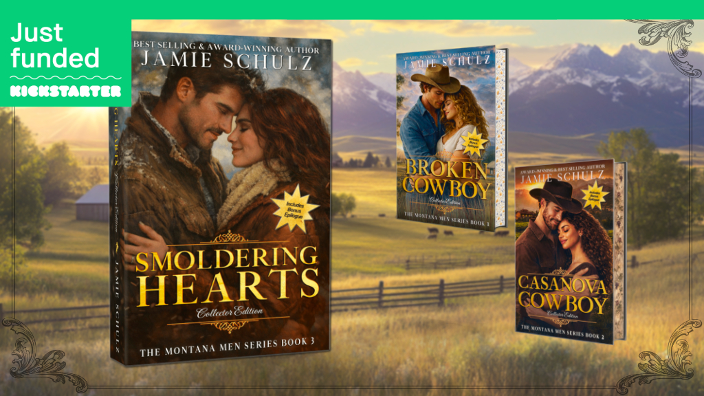 Smoldering Hearts Kickstarter feature image showing the couple, series title, and special edition details